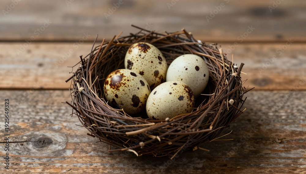 Fototapeta premium Bird's nest in rustic style with eggs on wooden surface
