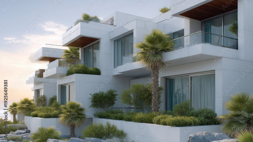 Fototapeta premium Modern beach house luxury villa ocean view white facade palm tree contemporary architecture large window balcony coastal landscape