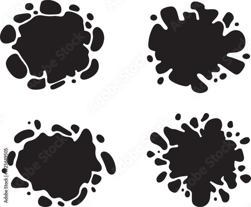 Modern set of abstract black ink splatter vector silhouettes for dynamic graphic design, grunge effects, and transparent background applications