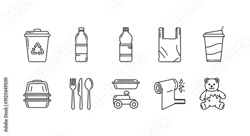 Waste Sorting and Recycling Line Icons