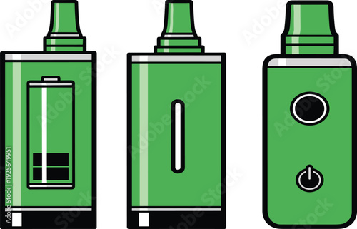 Green Vape Mod Vector Illustration Set with Electronic Cigarette Battery Indicator and Power Button Icons for Vaping Culture Design