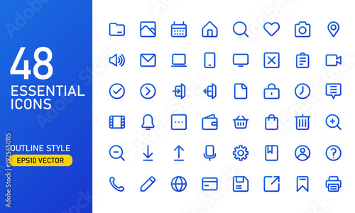 A collection of frequently used essential icons. Suitable for design elements of UI and UX. Essential icon set in outline style. Free Vecto