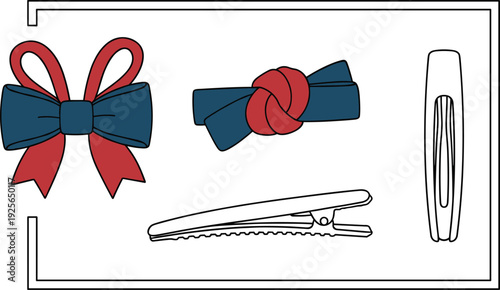 Hair Bow and Clip Vector Illustration Set with Navy Blue Red Ribbon Bows and Silver Metal Hairpin Icons for Beauty and Fashion Design