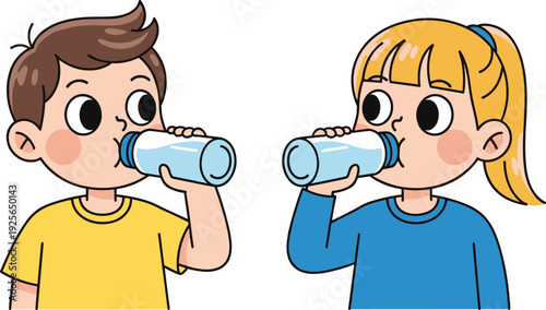 WColorful vector illustration of a young boy and girl happily drinking water from clear bottles isolated on white background.eb