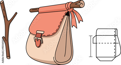 Messenger Bag Vector Illustration Set with Canvas Hobo Bag Tied to Wood Stick and Outline Technical View Icons for Travel and Adventure Design