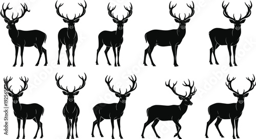 Black silhouette collection of majestic deer and stags with large antlers in various standing and walking poses on white background.