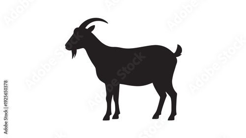 Minimalist black goat silhouette vector illustration featuring a side view of a standing billy goat with horns for livestock farming and ranching branding.