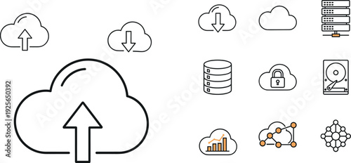 Cloud Computing and Data Storage Line Icons Set Featuring Upload Download, Cloud Security, Database Server, Backup System and Digital Network Infrastructure Technology Concepts