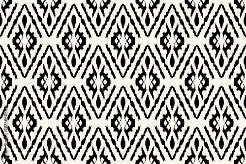 Black and White Tribal Ikat Seamless Pattern.Monochrome Boho Geometric Ethnic Design.Abstract Ikat Textile.Modern Diamond Seamless Background.Handcrafted Fabric Print.Bohemian Ikat All-Over Pattern.