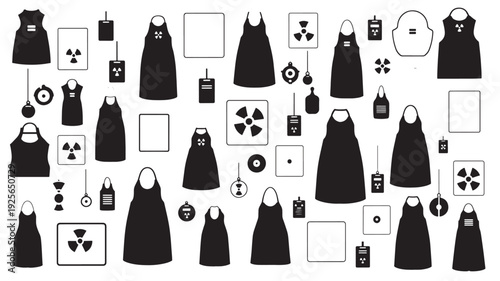 Set of 50 black and white radiation and protective clothing icons vector