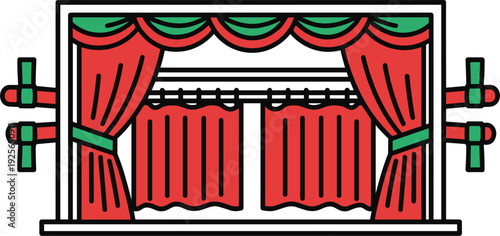 Red Theater Curtain and Window Drapery Vector Illustration Set with Green Valance and Tieback for Stage Performance and Interior Design