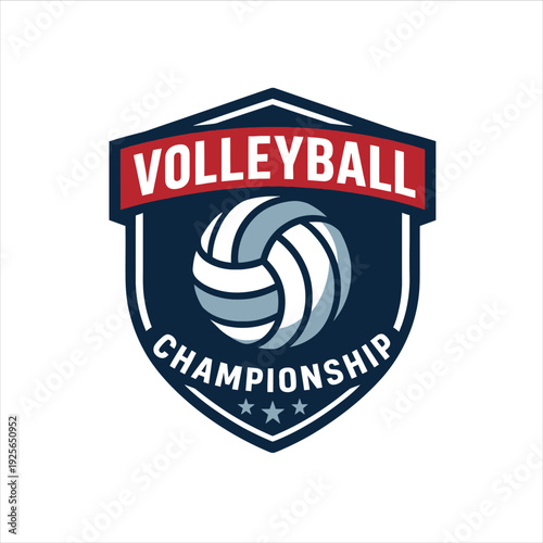 A navy blue shield logo features a volleyball and 'VOLLEYBALL CHAMPIONSHIP' text on a white background with red accents