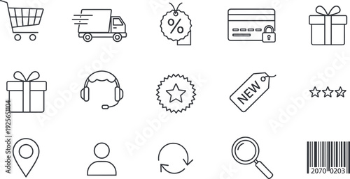 Ecommerce Shopping and Customer Service Line Icons Set Featuring Delivery Truck, Discount Tags, Secure Payment, Gift Boxes, Rating System and Online Retail Business Concepts