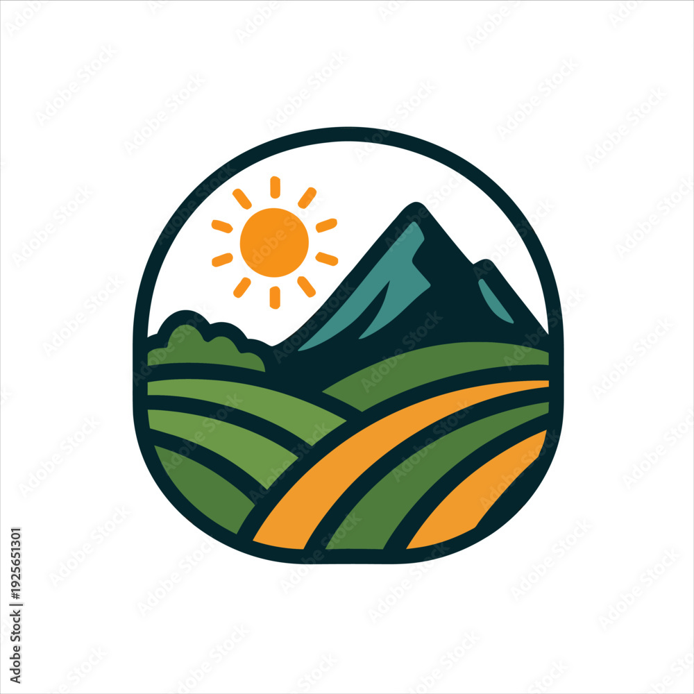 Fototapeta premium A stylized illustration of a sunny mountain landscape with green hills and orange fields in a circular frame
