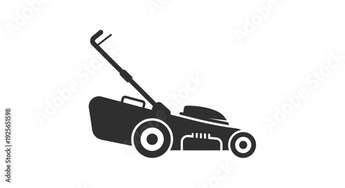 Lawn mower cuts grass in garden landscape