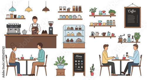 People sit at tables in a cafe interior