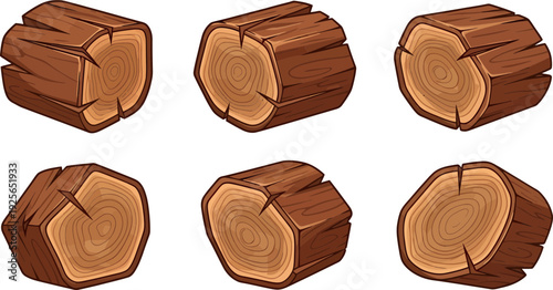 Set of six cut tree logs with visible rings