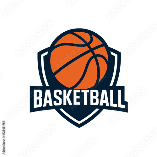 A graphic illustration of a basketball within a shield emblem with the word 'BASKETBALL' on a white background
