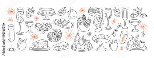 Vibrant collection of hand-drawn dessert and fruit icons, featuring cakes, tarts, strawberries, grapes, apples, kiwi, and champagne glasses, perfect for celebratory occasions and gourmet food themes.