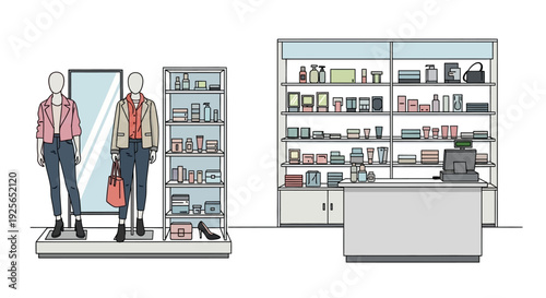 Two mannequins stand in clothing store near counter