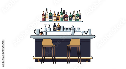 Two stools sit at a modern bar counter