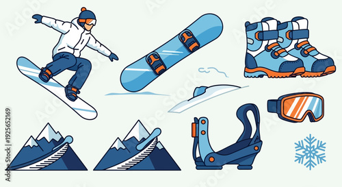 Snowboarder in action on mountain peaks with gear