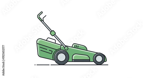 Green lawn mower is cutting grass outside