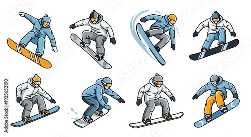 Snowboarders perform various stunts on slopes