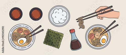 Hand-drawn Japanese ramen soup set with chopsticks, soy sauce, nori, and rice, ideal for Asian cuisine, restaurant menus, and food illustration graphics.