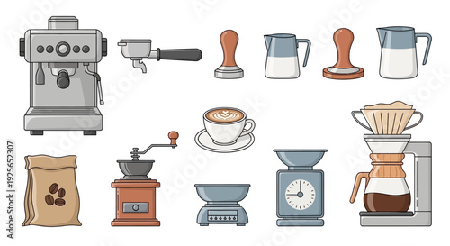 Illustration of coffee equipment and cups on table