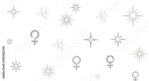 Female symbols and starbursts floating in space