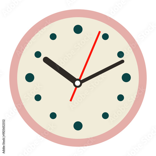 Simple round analog clock with a light pink rim, cream face, black hands, and a red second hand, featuring dark teal hour markers.