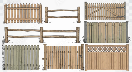 Various wooden fences and gates on display