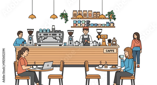 People work and socialize at a cafe