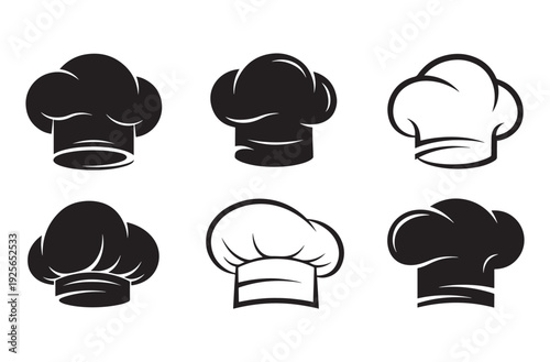 Chef hat icon set with various culinary styles including baker caps and restaurant cook headwear silhouettes for catering hospitality and food industry branding design elements