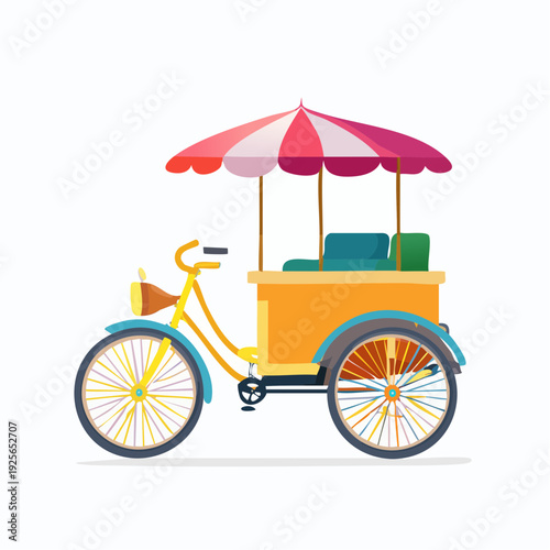 Colorful illustration of a tricycle food cart with an umbrella ideal for street vending