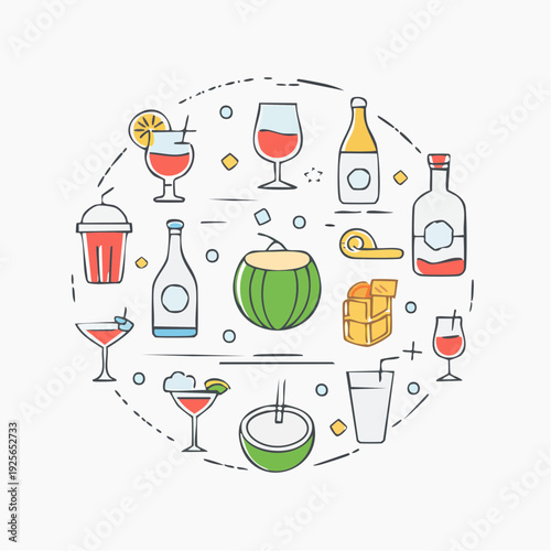 Colorful line art illustration showcasing an assortment of alcoholic and non-alcoholic beverages