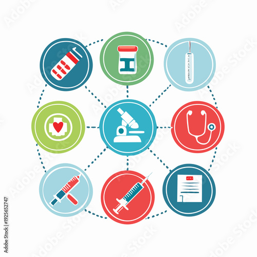 Colorful medical icons arranged in a circular pattern representing healthcare services