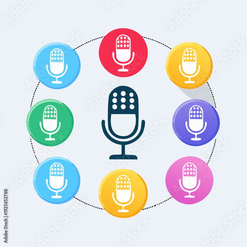 Colorful Microphone Icons Arranged in a Circle Representing Voice Recording and Podcast