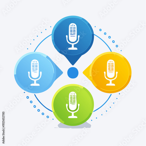 Colorful Microphone Icons Arranged in a Circular Pattern Symbolizing Communication and Audio