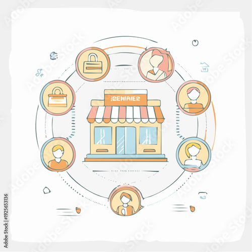Conceptual illustration of online store with customer network for e-commerce success strategy