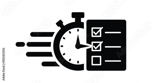 A black silhouette of a stopwatch with speed lines is positioned next to a checklist with two completed items against a white background.