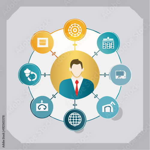 Conceptual infographic illustration depicting centralized management and coordination of various