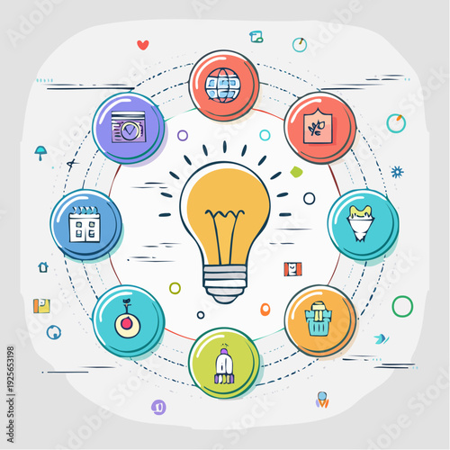 Conceptual Innovation Circular Design Featuring Icons and a Central Light Bulb representing