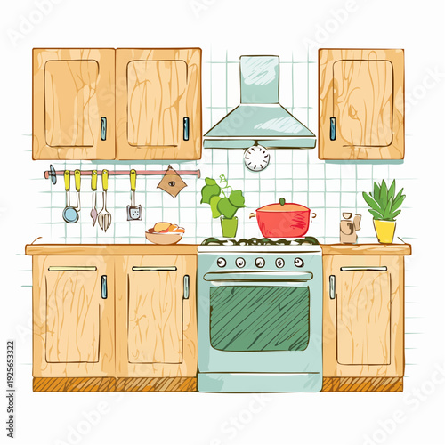 Cozy kitchen interior illustration with wooden cabinets and kitchenware in a vibrant home