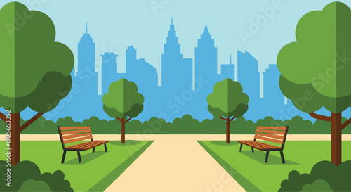 A serene urban park scene with a central pathway, green trees, and two wooden benches leads towards a blue city skyline silhouette under a clear sky.