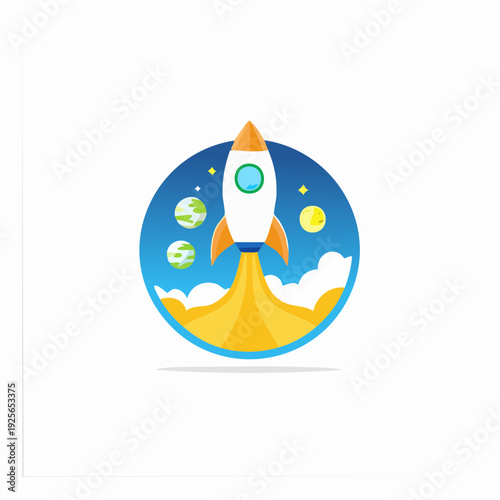 Creative rocket launch logo design with planets and stars for innovative startups