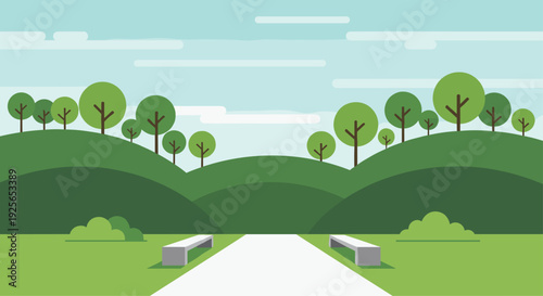 A minimalist flat-design landscape illustrates rolling green hills with numerous trees, a wide white pathway, and two grey benches under a light blue sky.