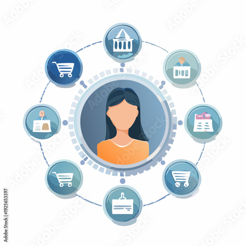 Customer-centric marketing: woman surrounded by online shopping and service icons digital