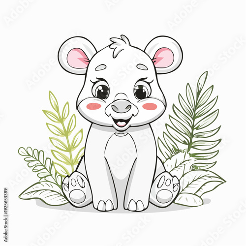 Cute Cartoon Bear Cub Sitting Among Green Ferns with Big Eyes Illustration
